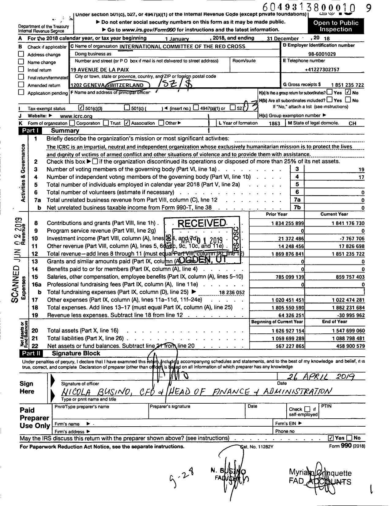 Image of first page of 2018 Form 990 for International Committee of the Red Cross (ICRC)