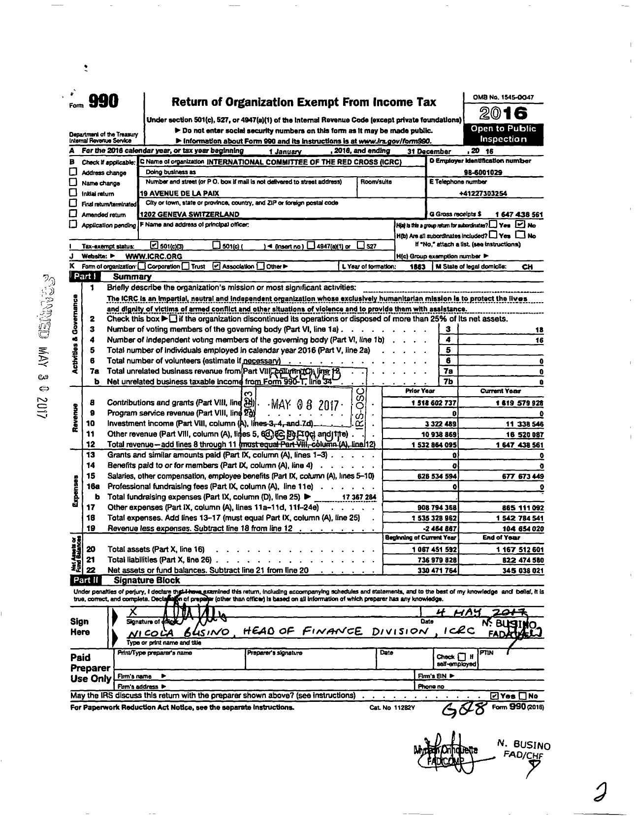 Image of first page of 2016 Form 990 for International Committee of the Red Cross (ICRC)