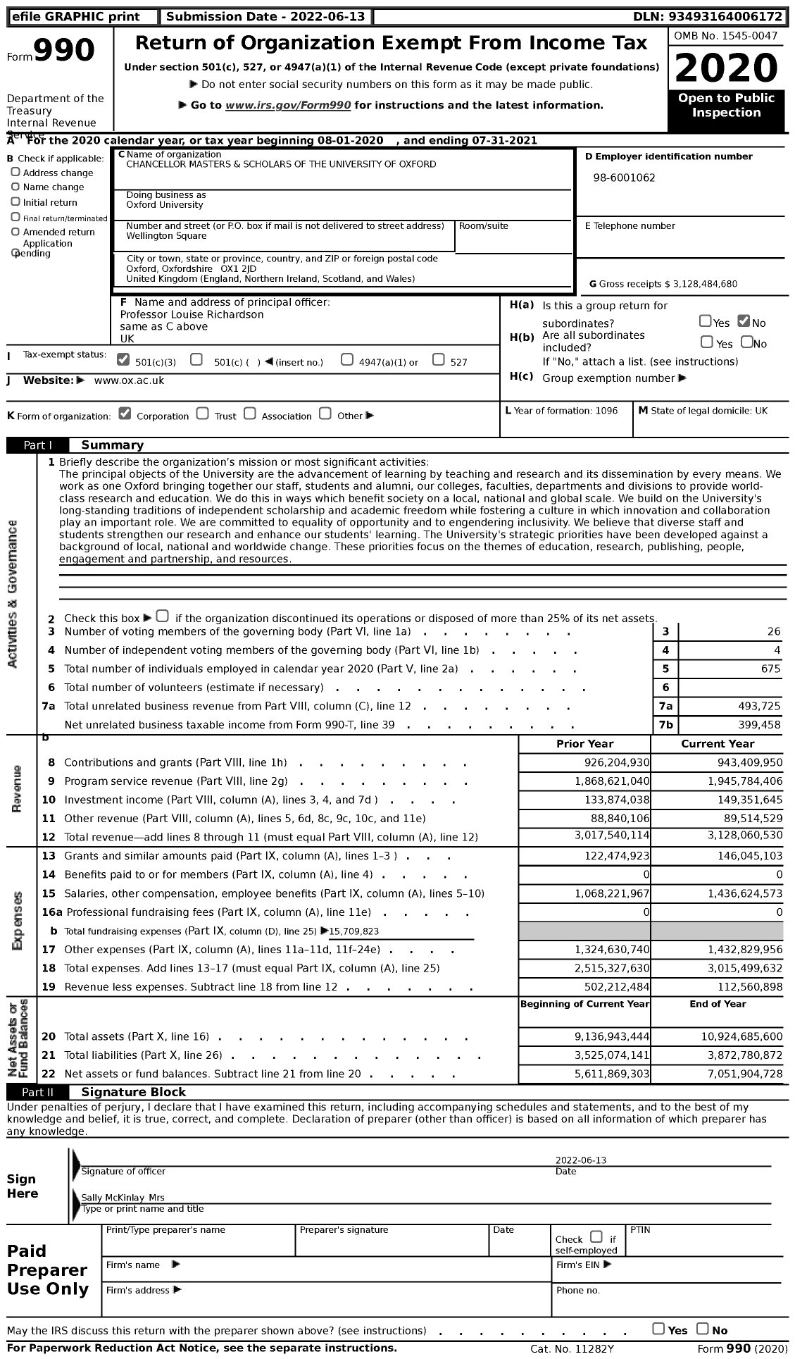 Image of first page of 2020 Form 990 for Oxford University