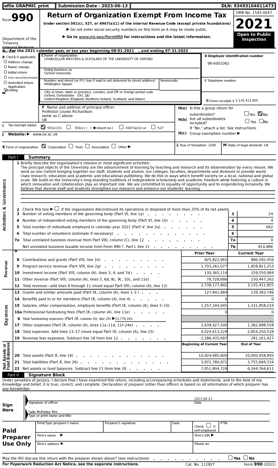 Image of first page of 2021 Form 990 for Oxford University