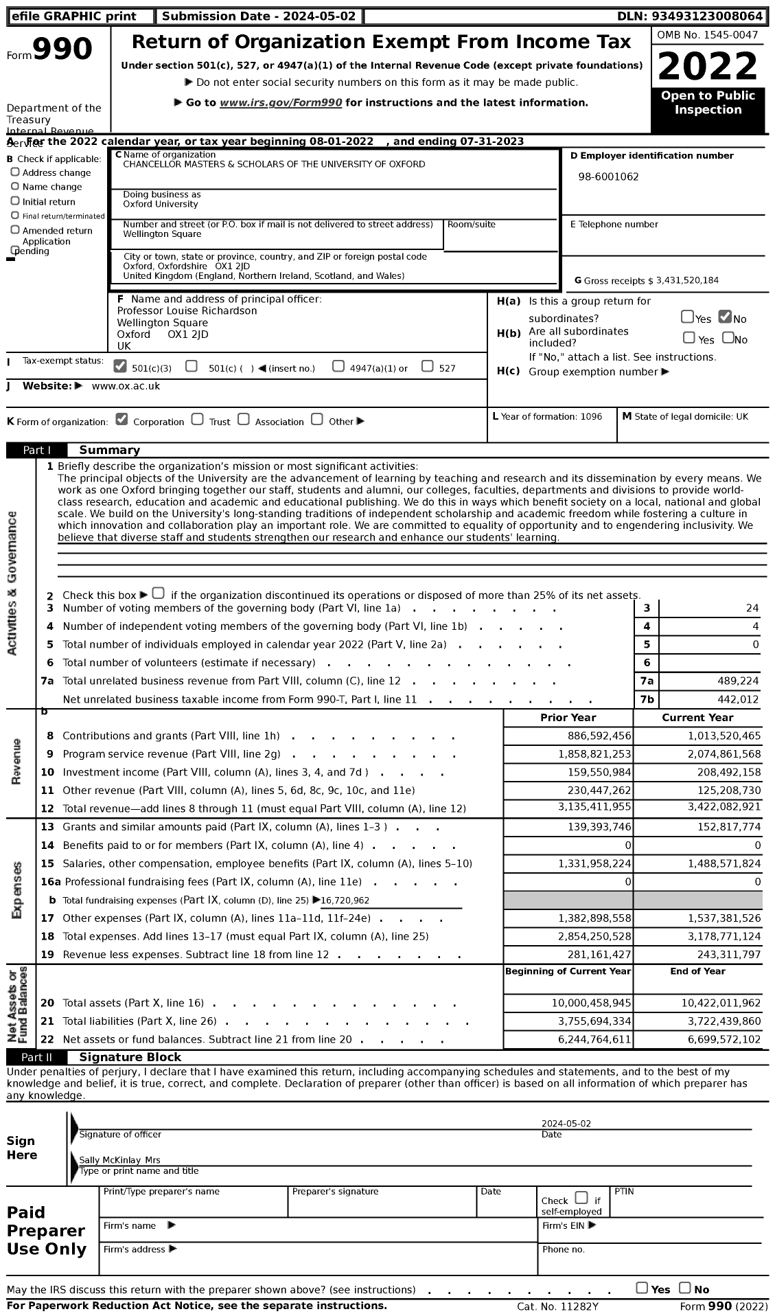 Image of first page of 2022 Form 990 for Oxford University