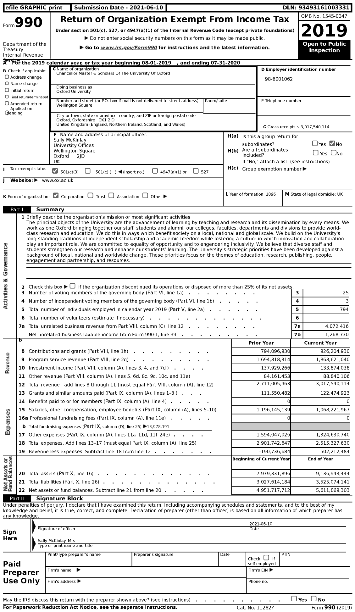 Image of first page of 2019 Form 990 for Oxford University