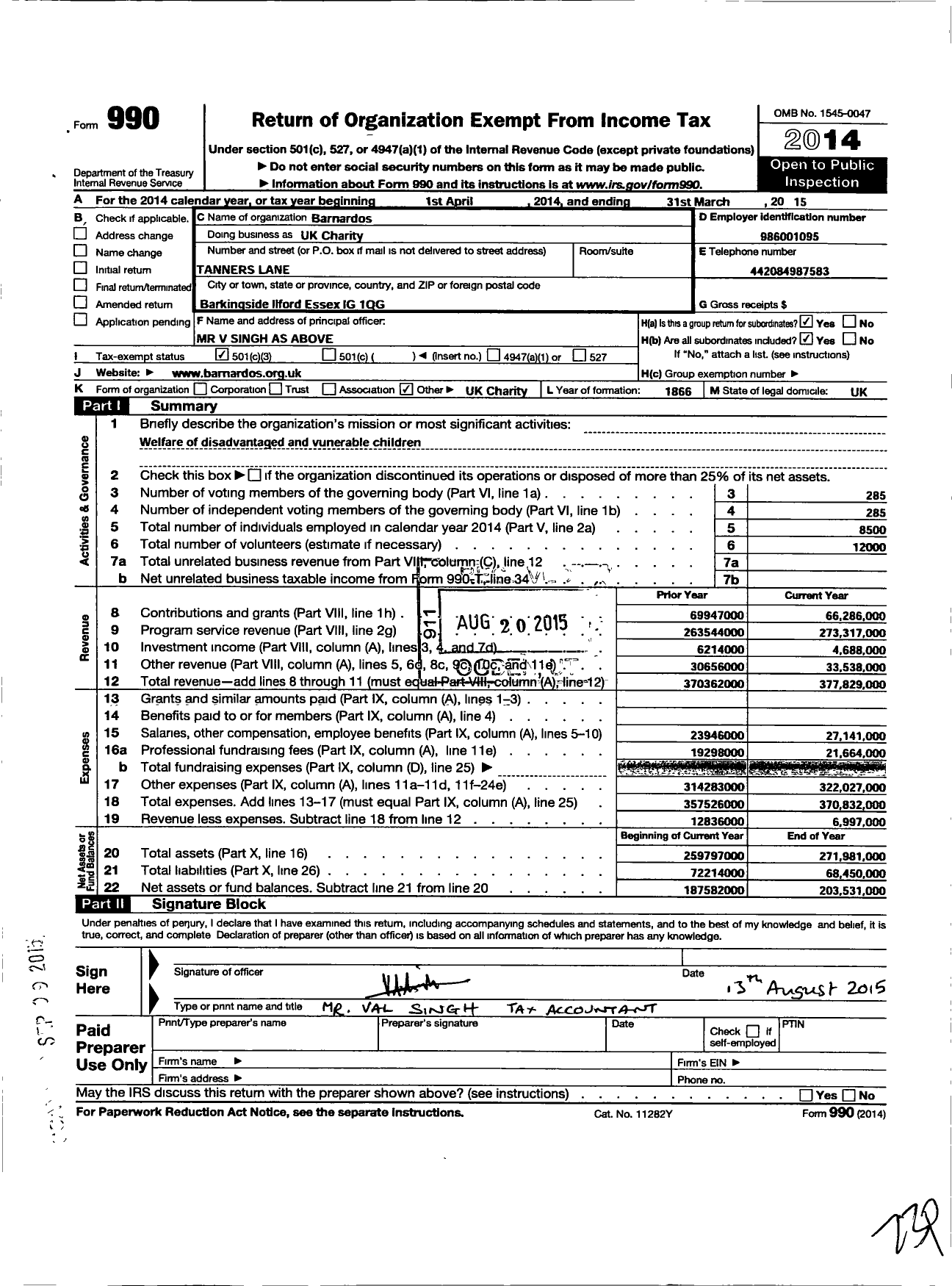 Image of first page of 2014 Form 990 for Barnardo's