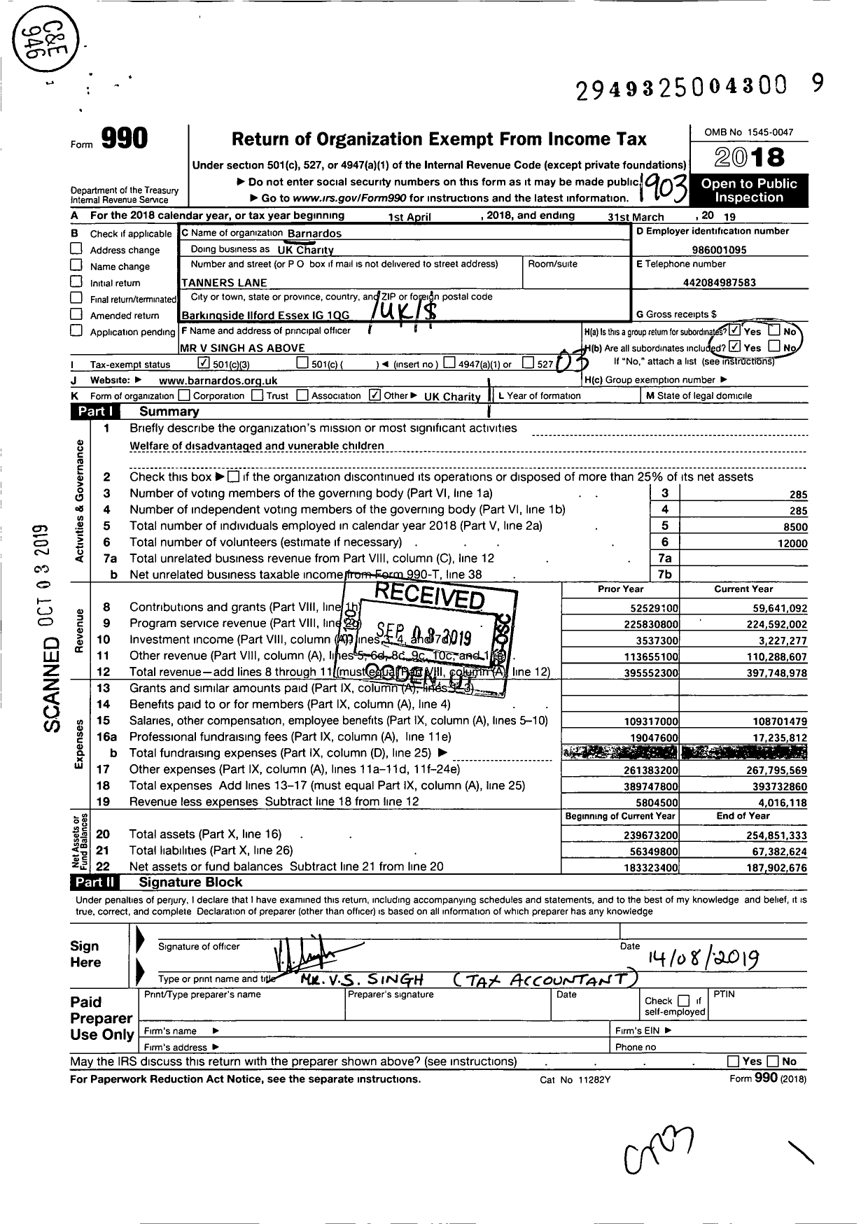 Image of first page of 2018 Form 990 for Barnardo's