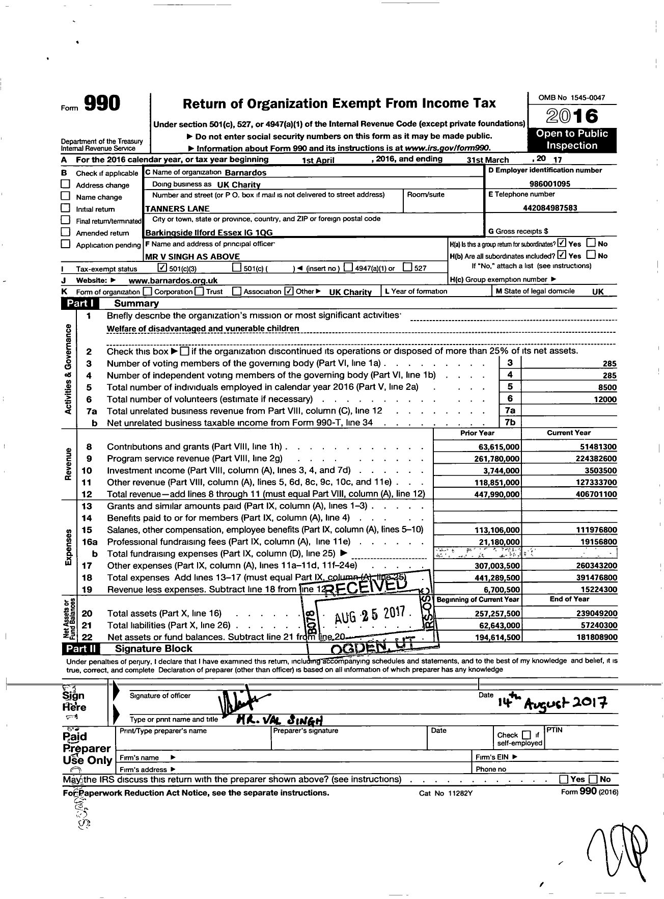 Image of first page of 2016 Form 990 for Barnardo's