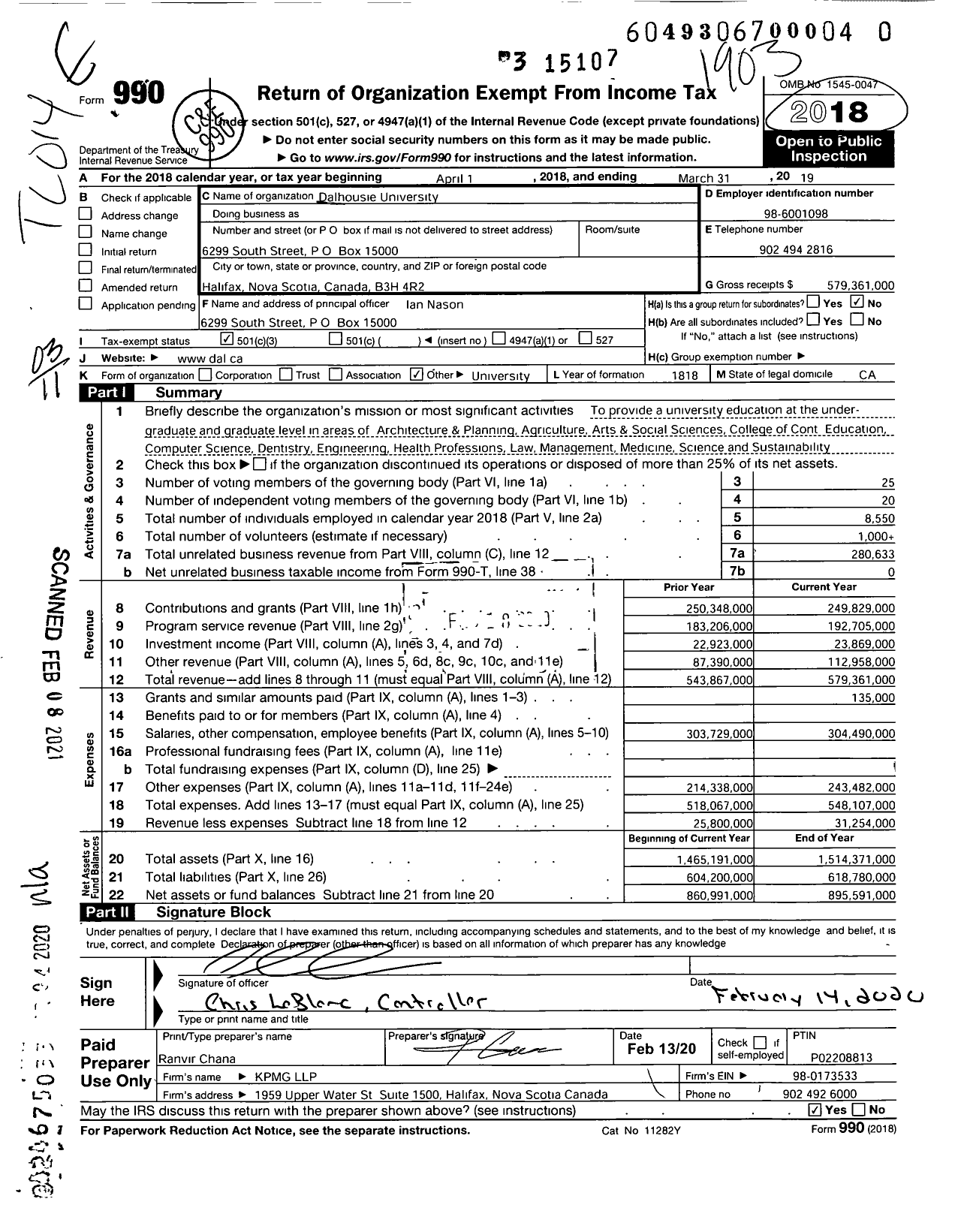 Image of first page of 2018 Form 990 for Dalhousie University