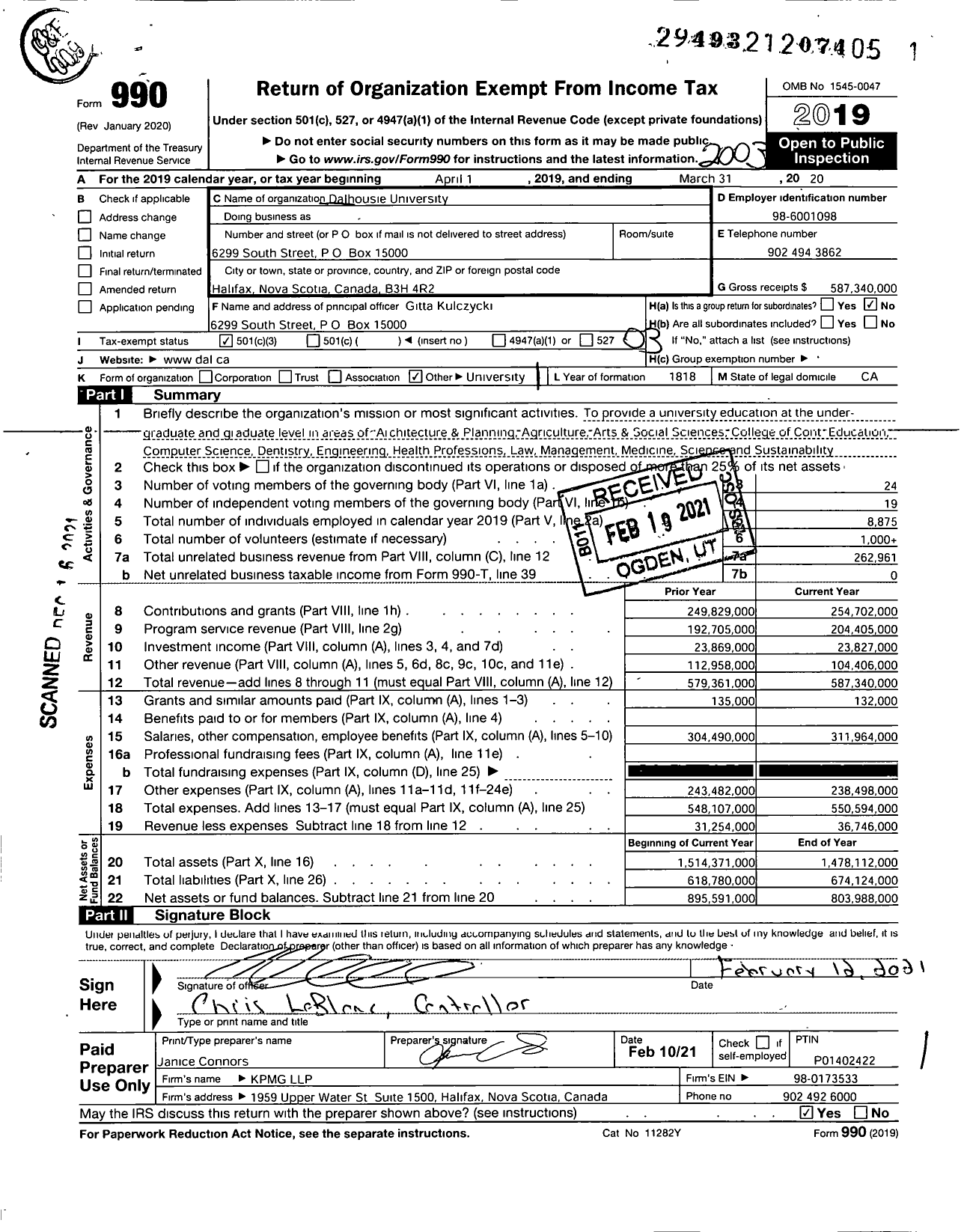 Image of first page of 2019 Form 990 for Dalhousie University