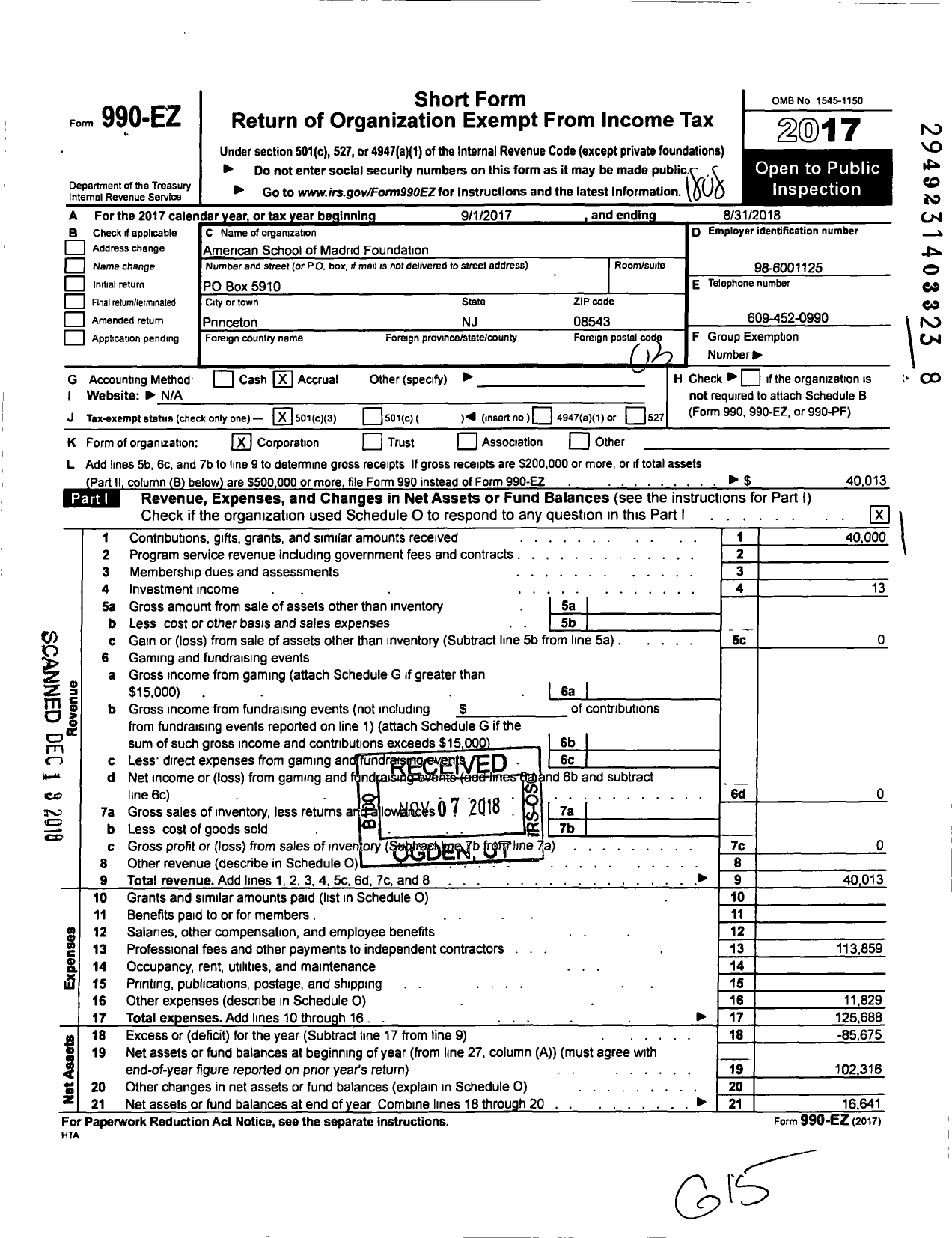 Image of first page of 2017 Form 990EZ for American School of Madrid Foundation