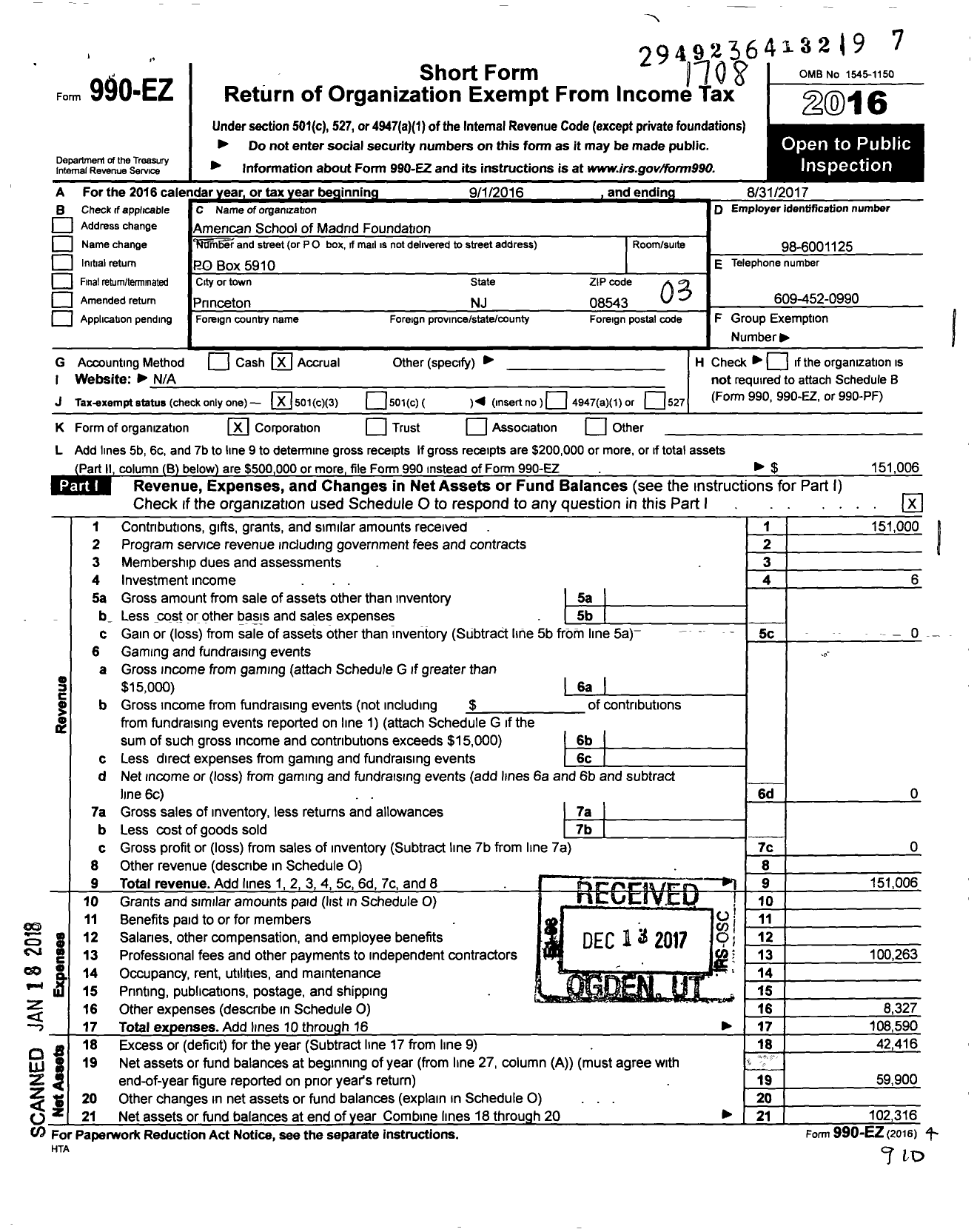 Image of first page of 2016 Form 990EZ for American School of Madrid Foundation