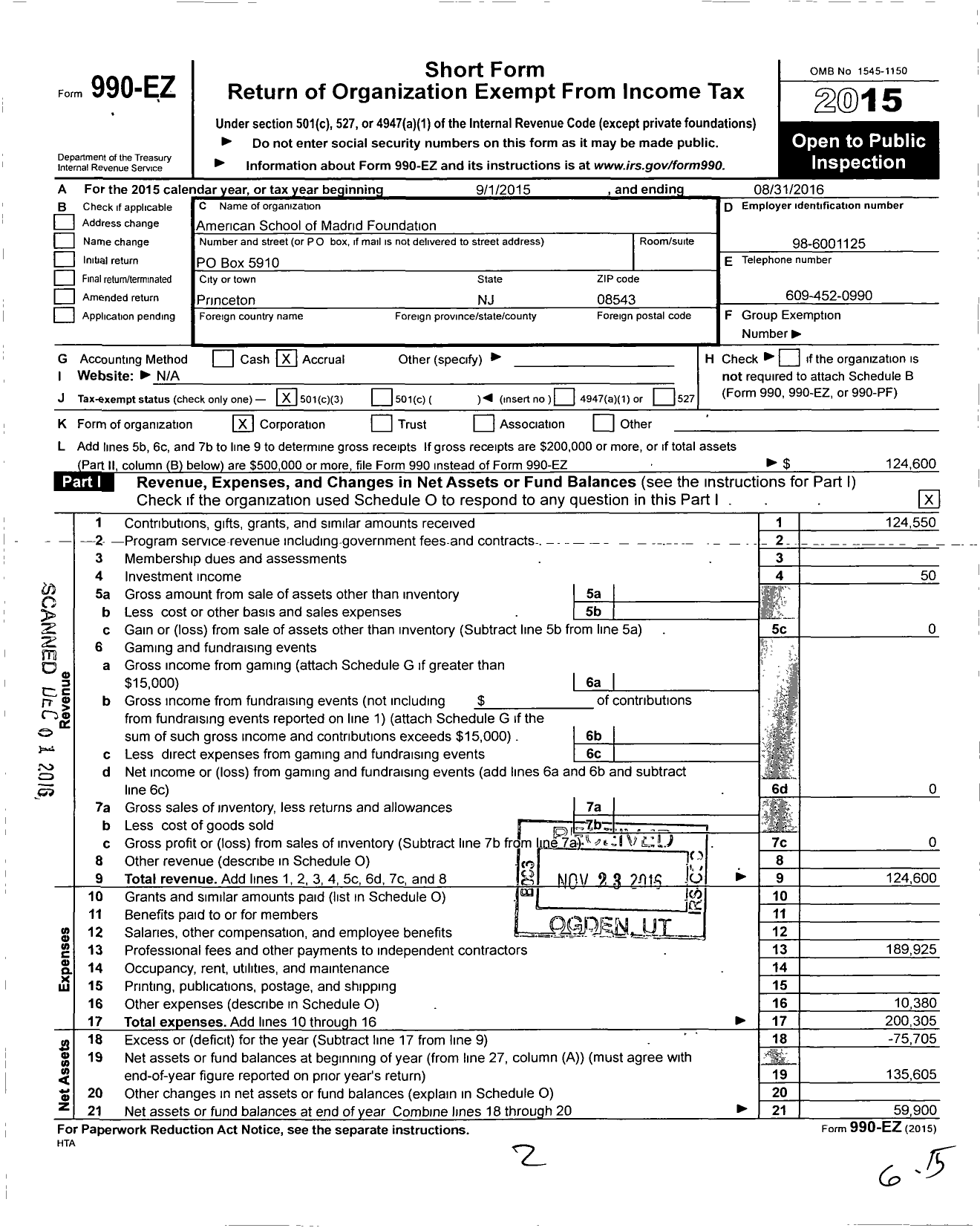 Image of first page of 2015 Form 990EZ for American School of Madrid Foundation