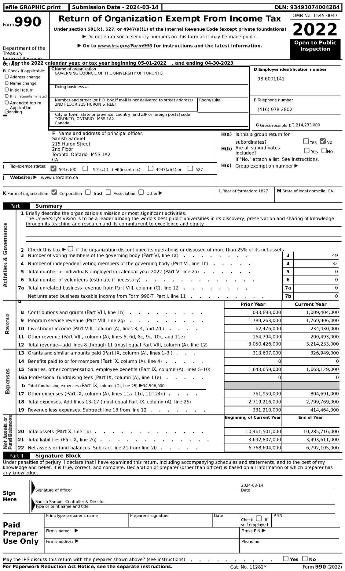 Image of first page of 2022 Form 990 for Governing Council of the University of Toronto