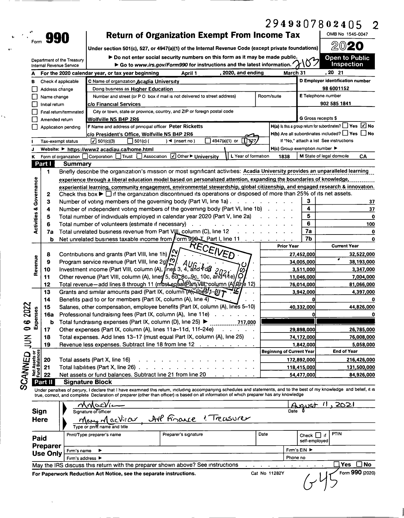 Image of first page of 2020 Form 990 for Acadia University