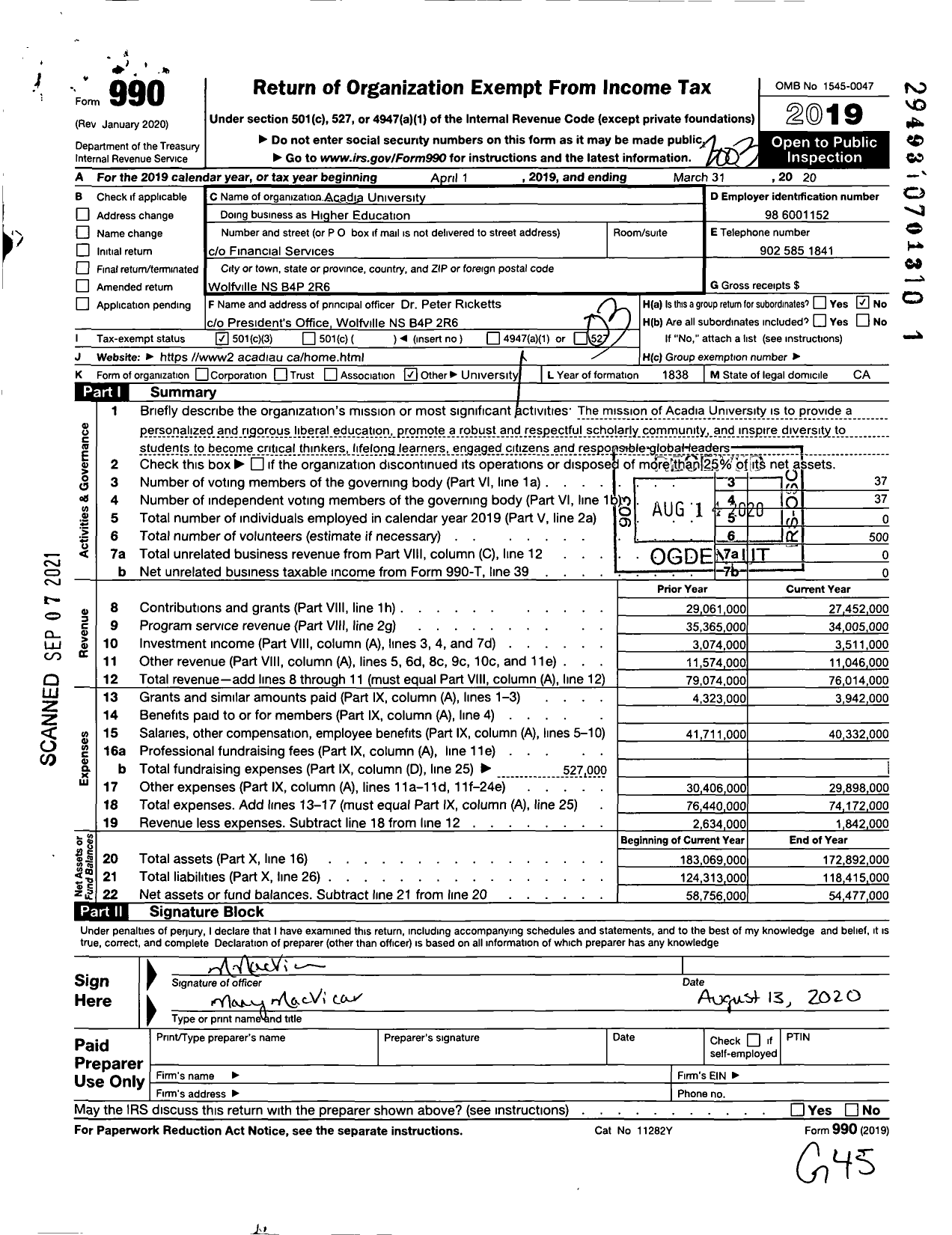 Image of first page of 2019 Form 990 for Acadia University