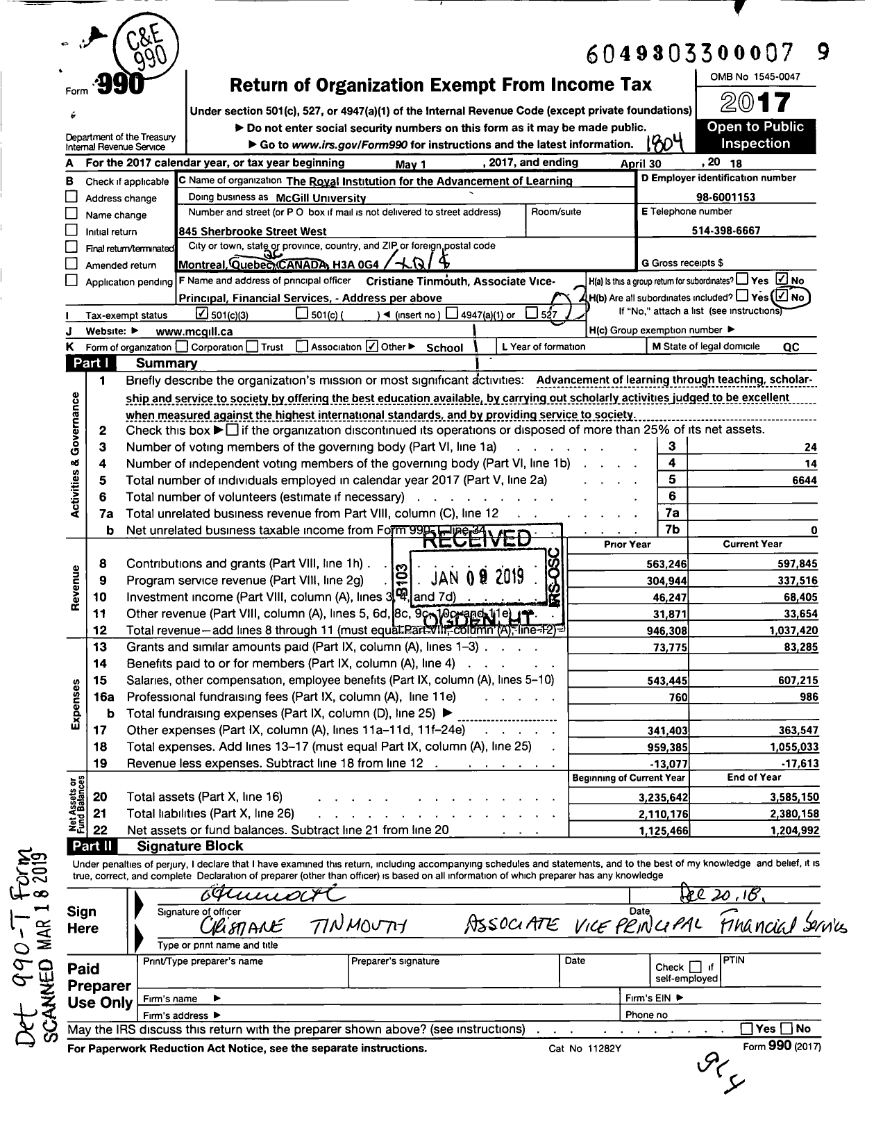 Image of first page of 2017 Form 990 for McGill University