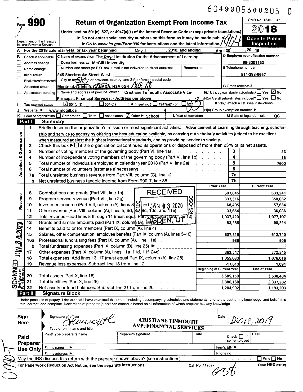 Image of first page of 2018 Form 990 for McGill University