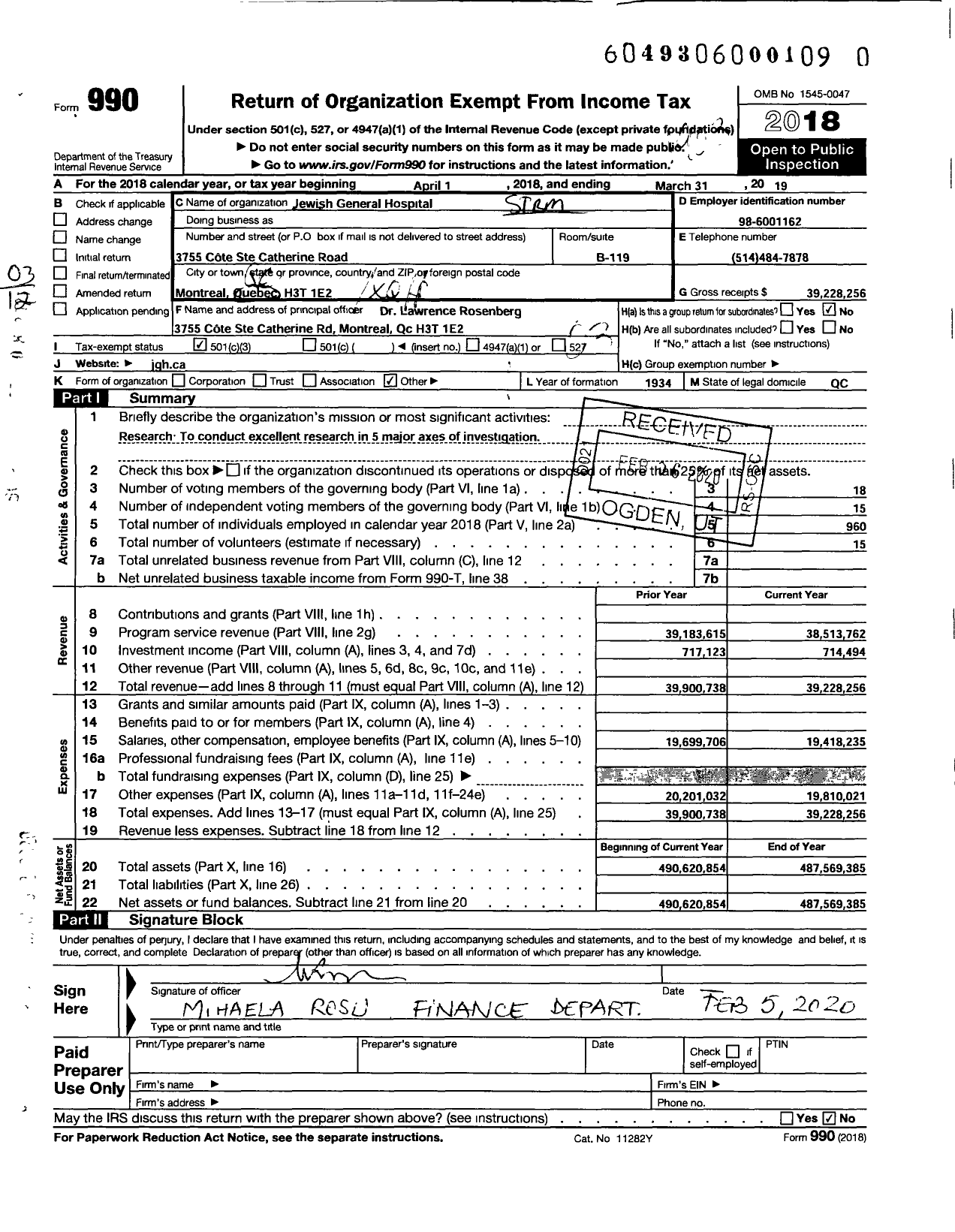 Image of first page of 2018 Form 990 for Jewish General Hospital (JGH)