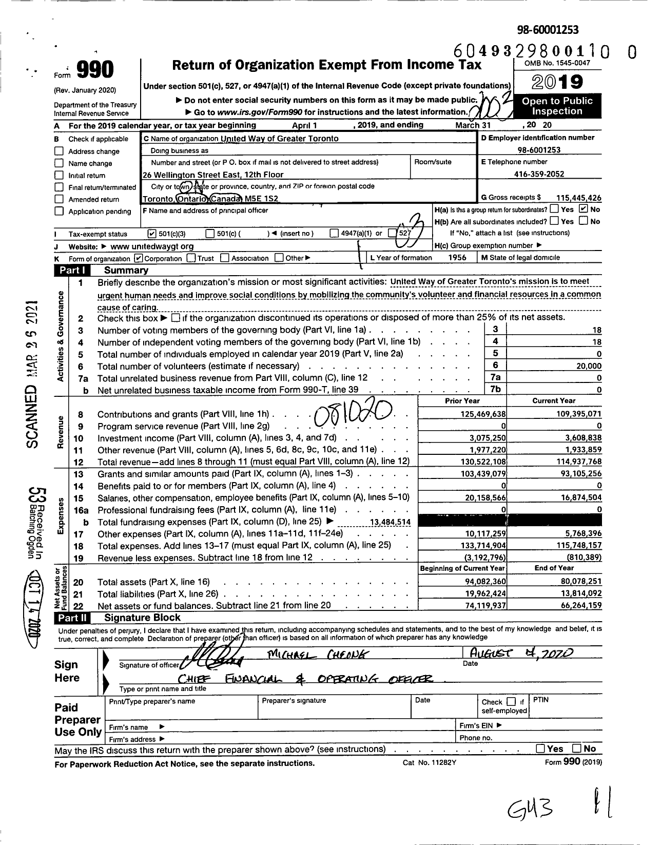 Image of first page of 2019 Form 990 for United Way Greater Toronto (UWT)