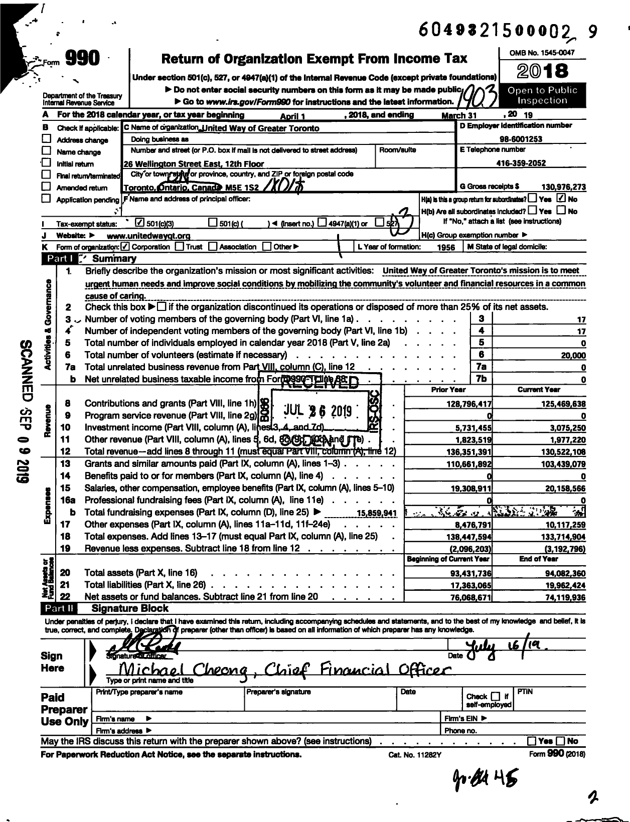 Image of first page of 2018 Form 990 for United Way Greater Toronto (UWT)