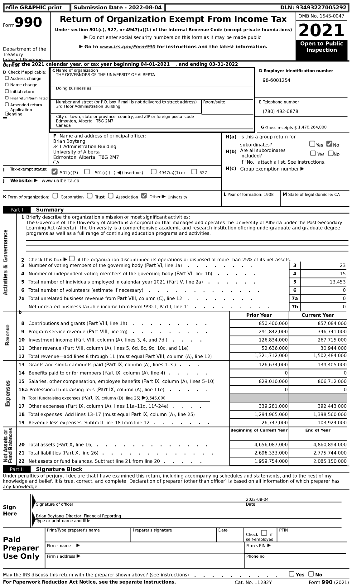 Image of first page of 2021 Form 990 for The Governors of the University of Alberta