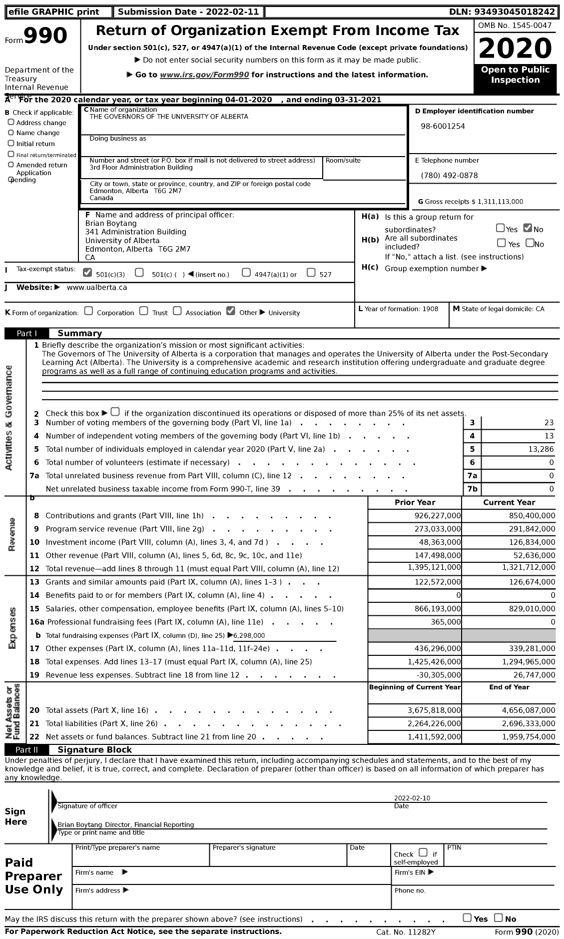 Image of first page of 2020 Form 990 for The Governors of the University of Alberta