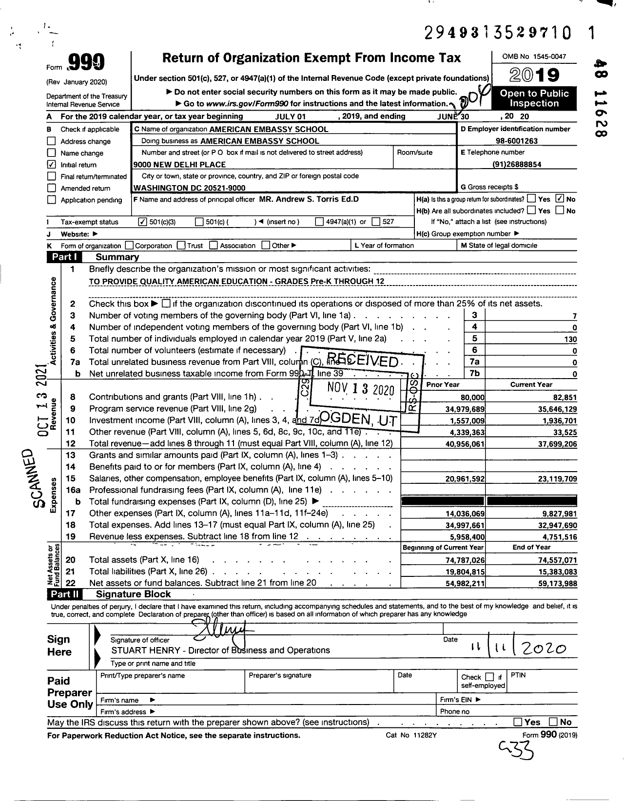 Image of first page of 2019 Form 990 for American Embassy School