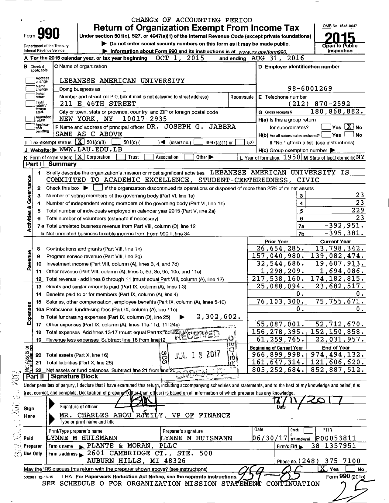 Image of first page of 2015 Form 990 for Lebanese American University New York Academic Center (LAU)