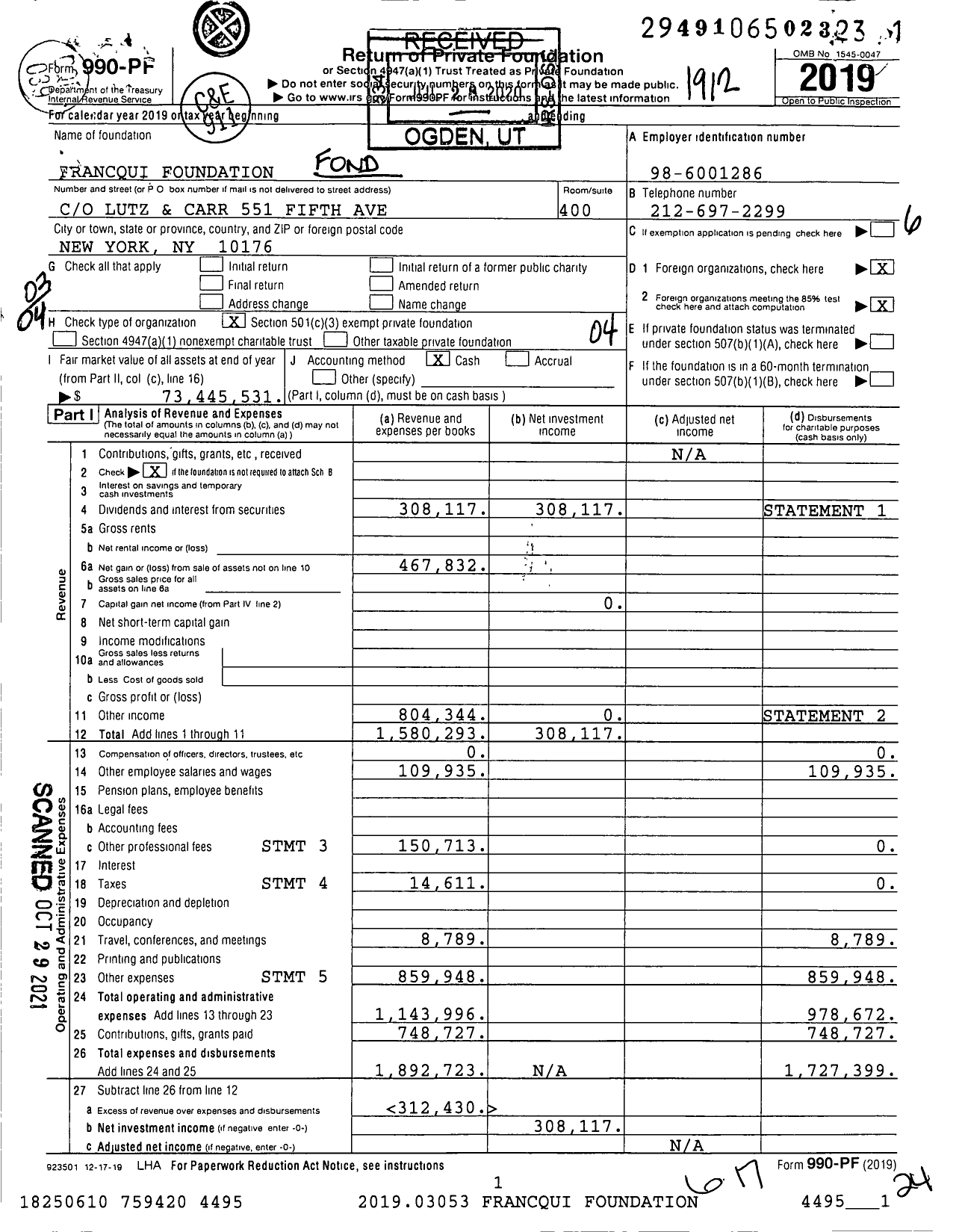 Image of first page of 2019 Form 990PF for Francqui Fondation