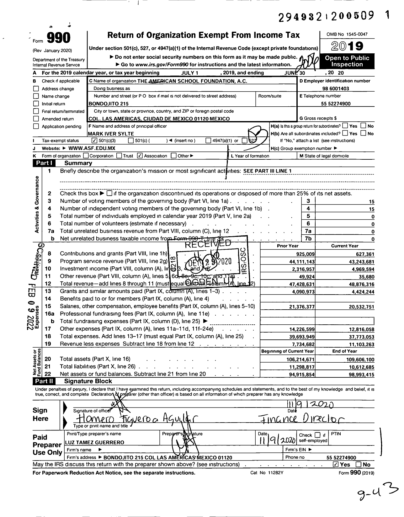 Image of first page of 2019 Form 990 for The American School Foundation Ac (ASF)