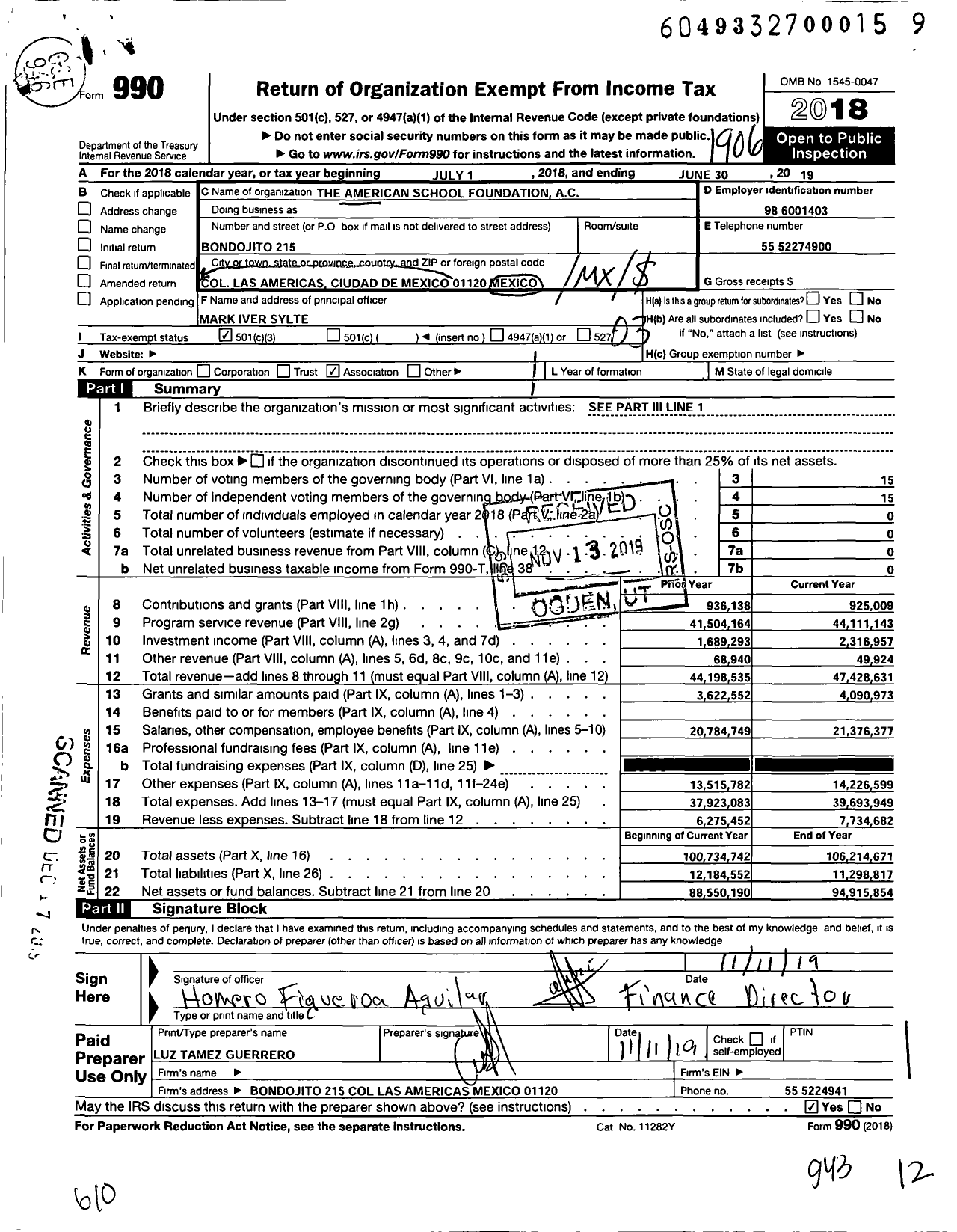 Image of first page of 2018 Form 990 for The American School Foundation Ac (ASF)