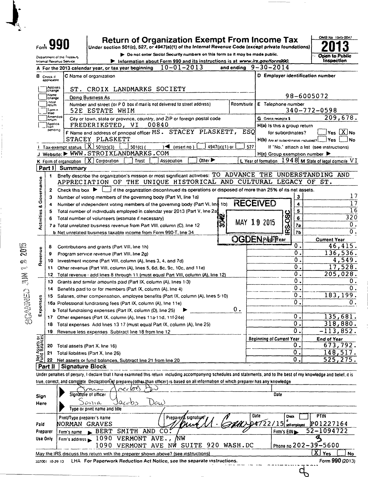 Image of first page of 2013 Form 990 for St Croix Landmarks Society