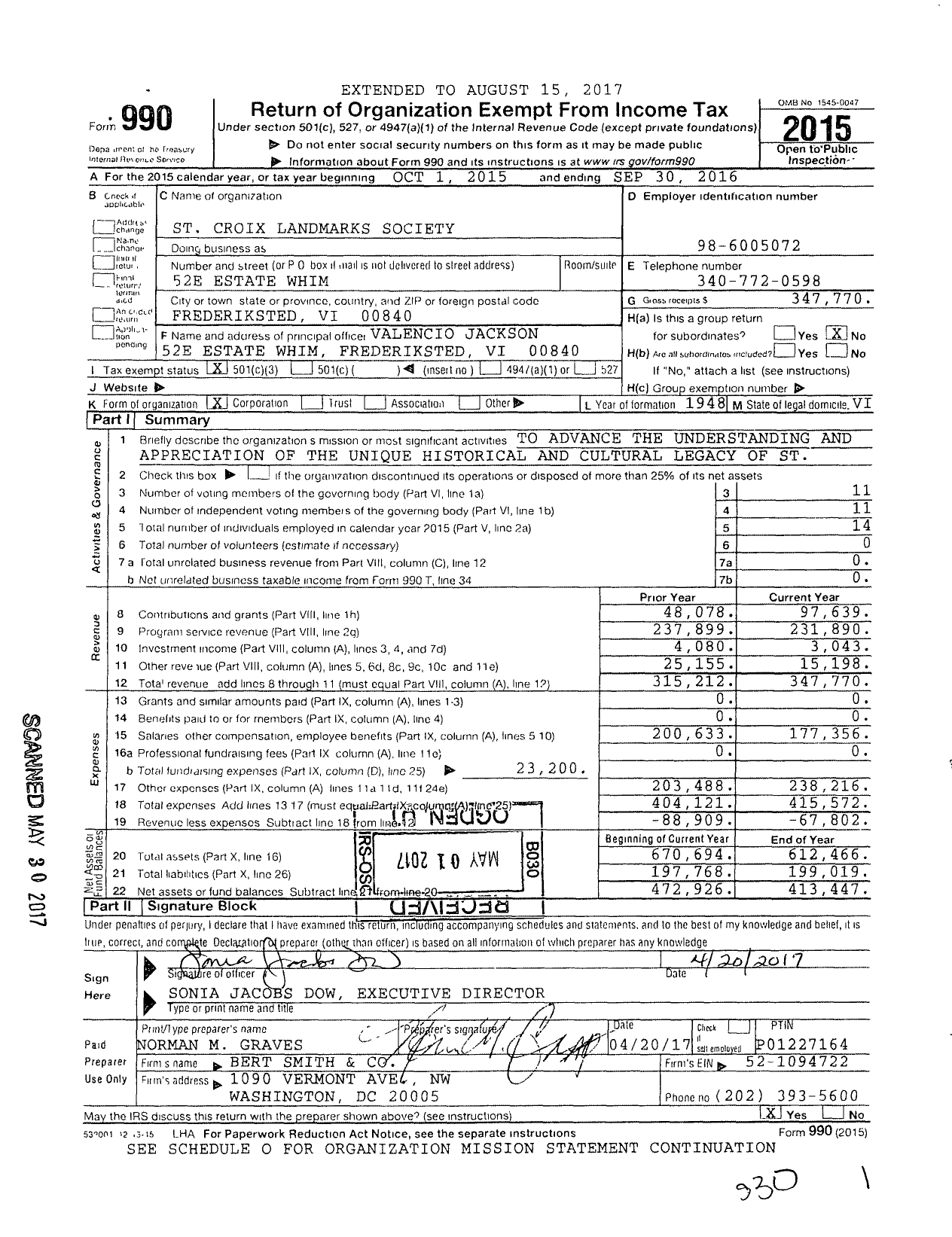 Image of first page of 2015 Form 990 for St Croix Landmarks Society