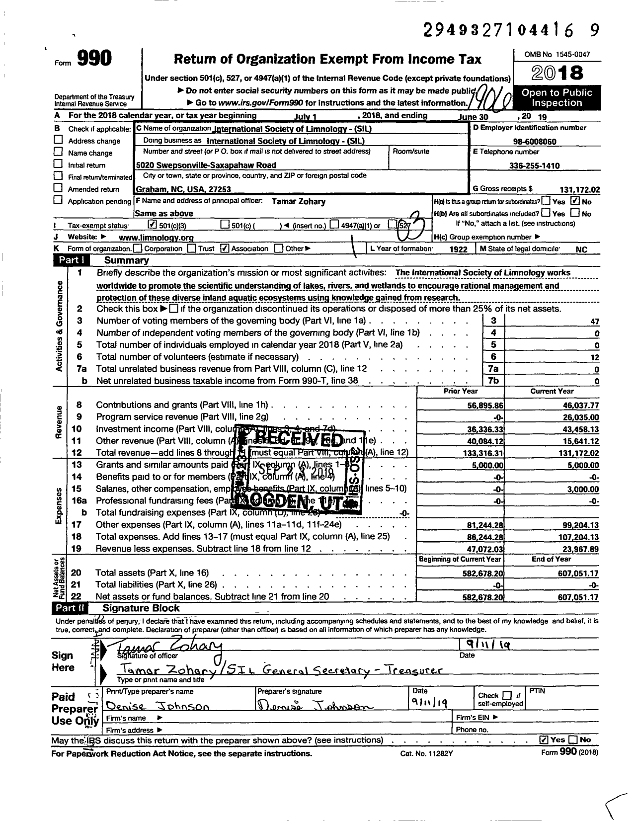 Image of first page of 2018 Form 990 for International Society of Limnology-Sil