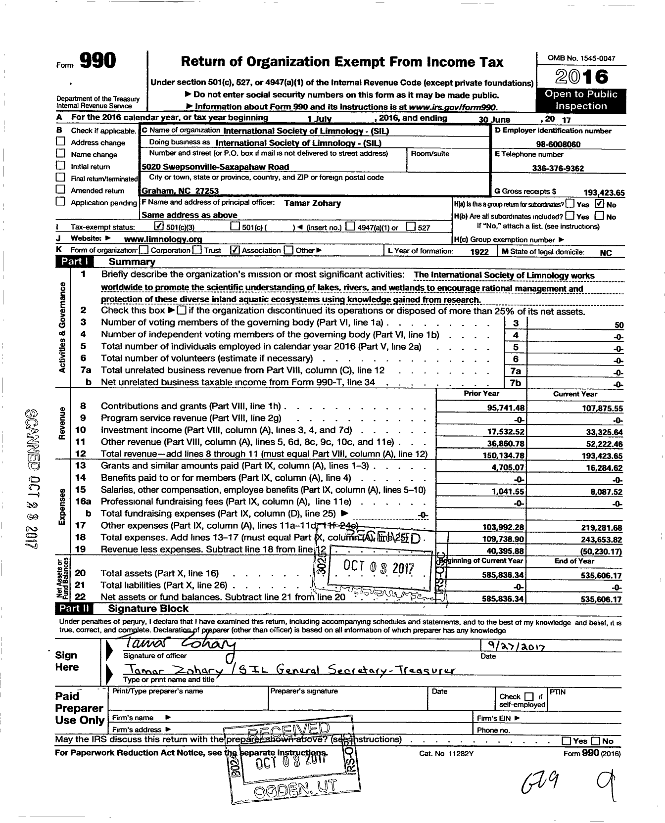 Image of first page of 2016 Form 990 for International Society of Limnology-Sil