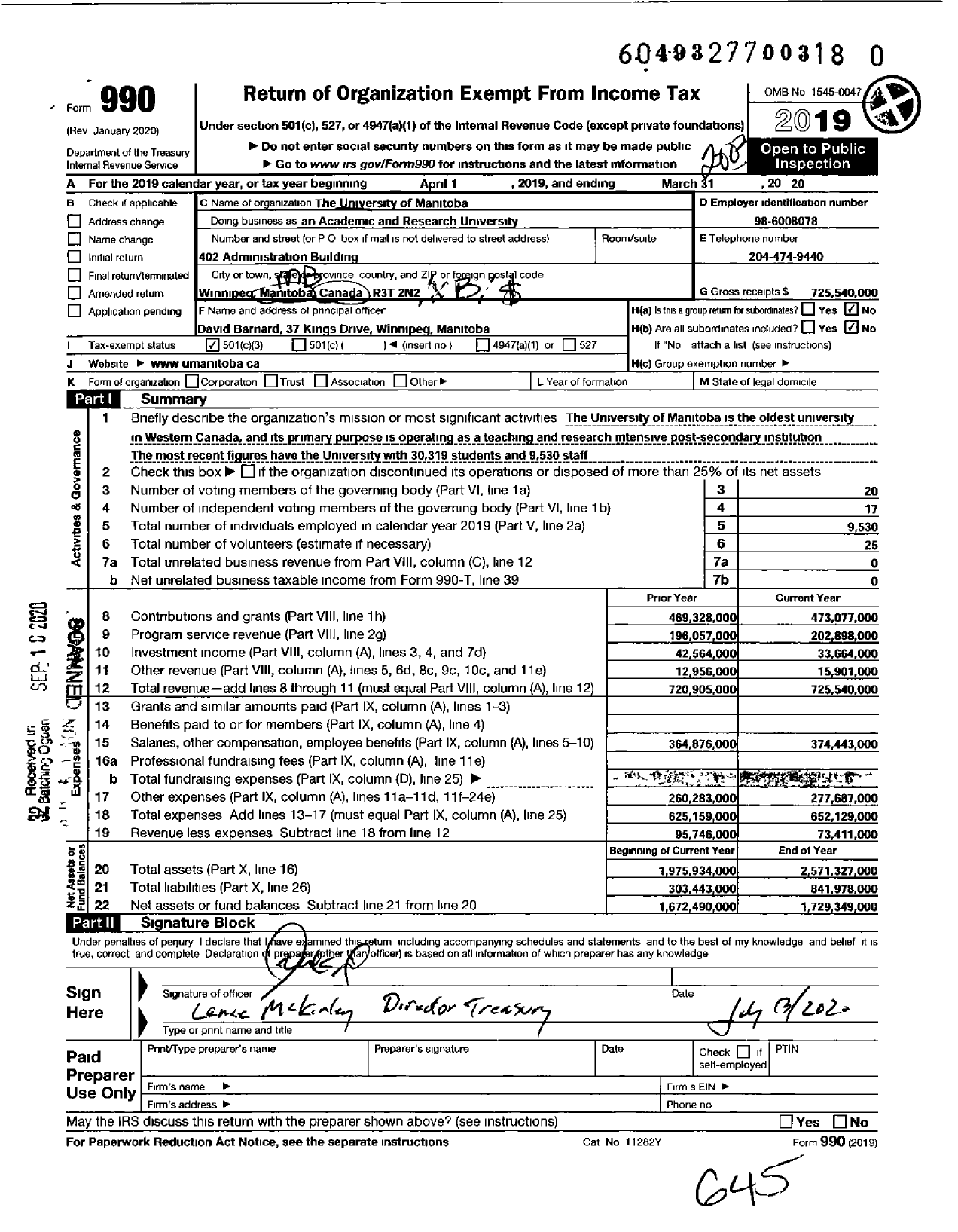 Image of first page of 2019 Form 990 for University of Manitoba University of Manitoba (U of M)