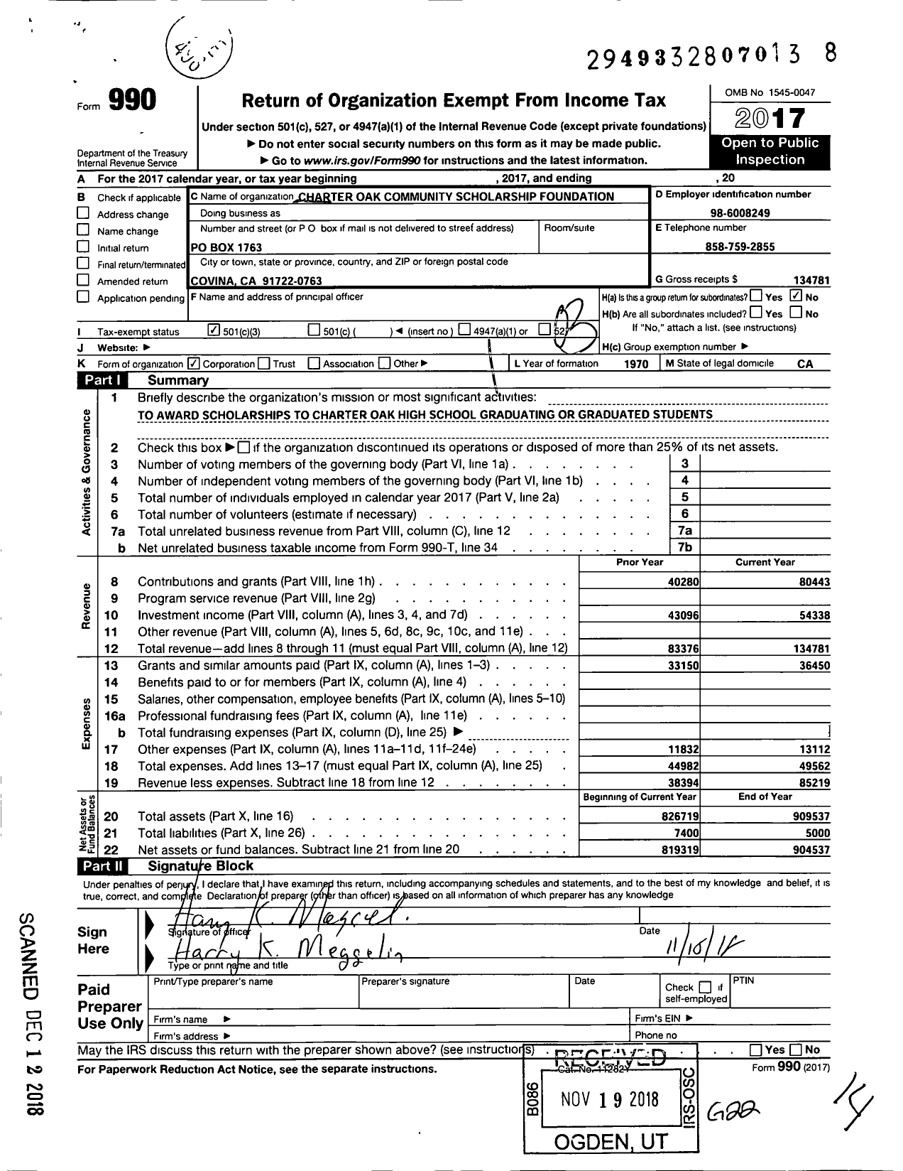 Image of first page of 2017 Form 990 for Charter Oak Community Scholarship Foundation