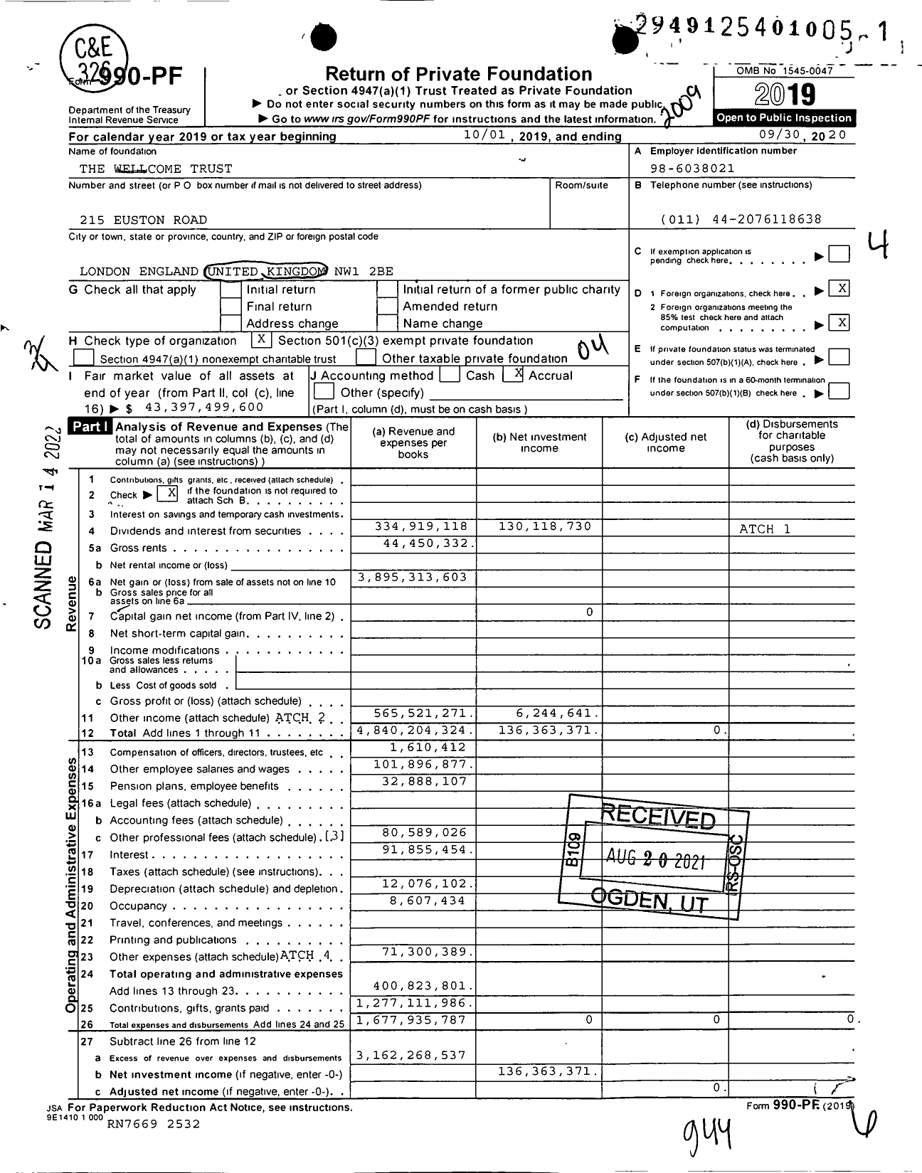 Image of first page of 2019 Form 990PF for Wellcome Trust