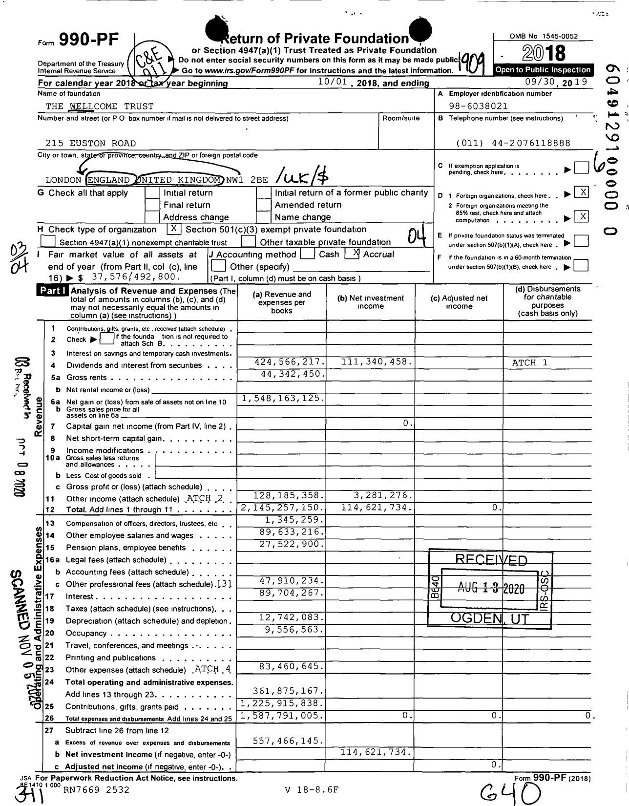 Image of first page of 2018 Form 990PF for Wellcome Trust