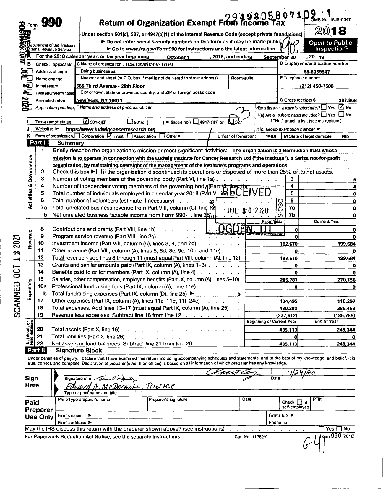 Image of first page of 2018 Form 990 for Licr Charitable Trust