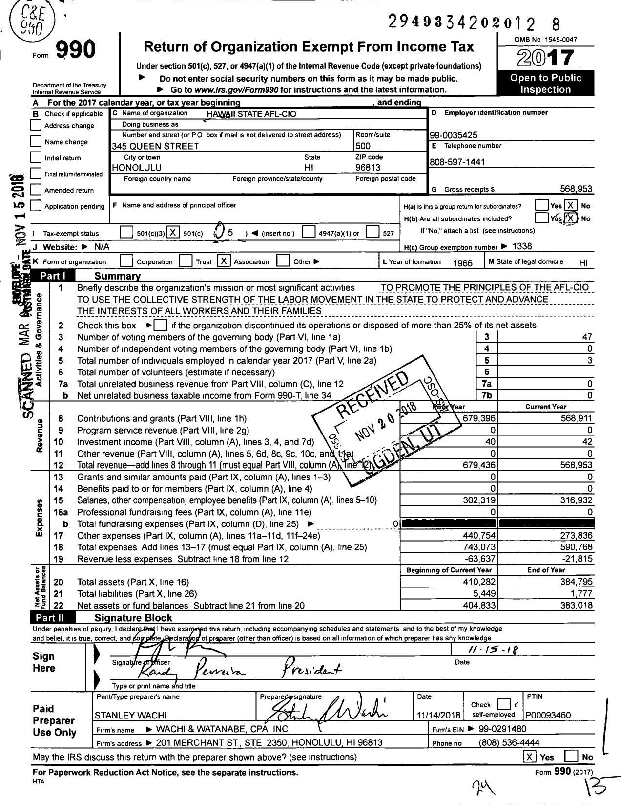 Image of first page of 2017 Form 990O for AFL-CIO - Hawaii State AFL-CIO