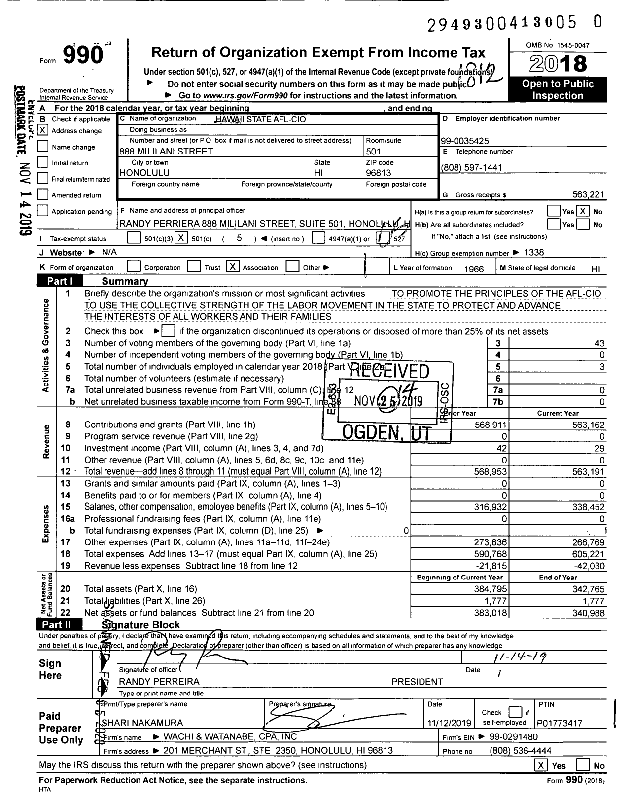 Image of first page of 2018 Form 990O for AFL-CIO - Hawaii State AFL-CIO