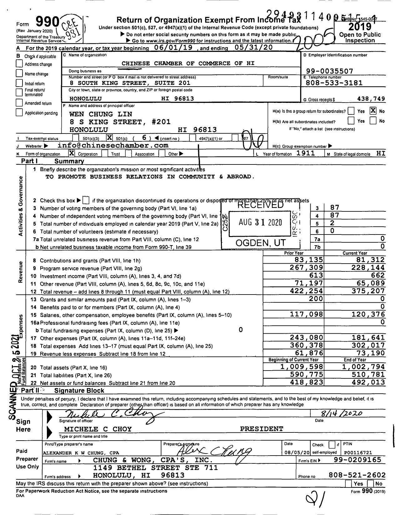 Image of first page of 2019 Form 990O for Chinese Chamber of Commerce of Hi