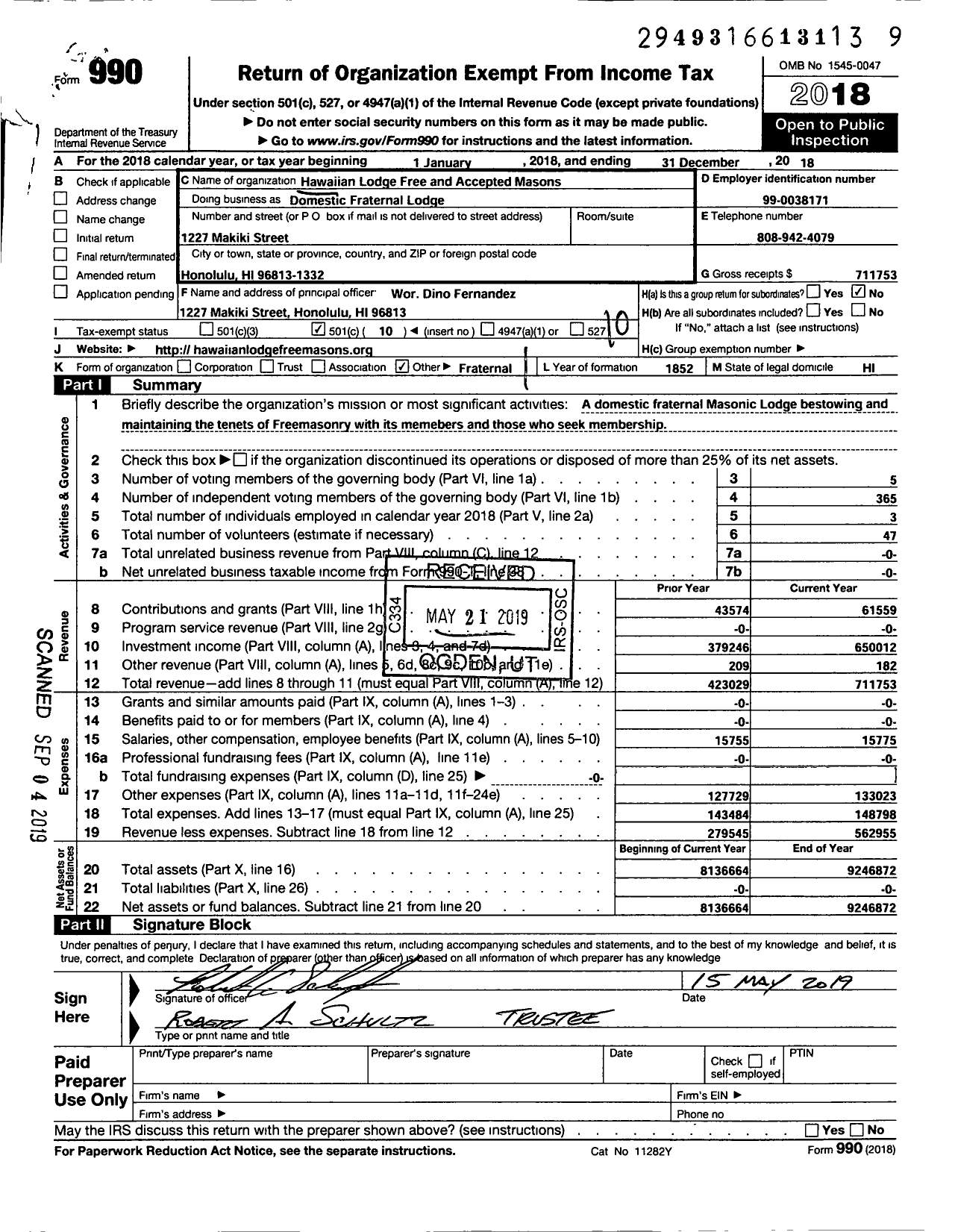 Image of first page of 2018 Form 990O for Domestic Fraternal Lodge