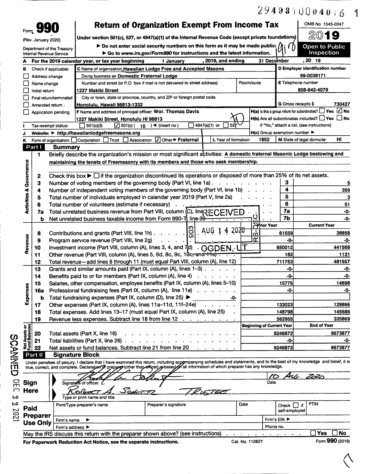 Image of first page of 2019 Form 990O for Domestic Fraternal Lodge