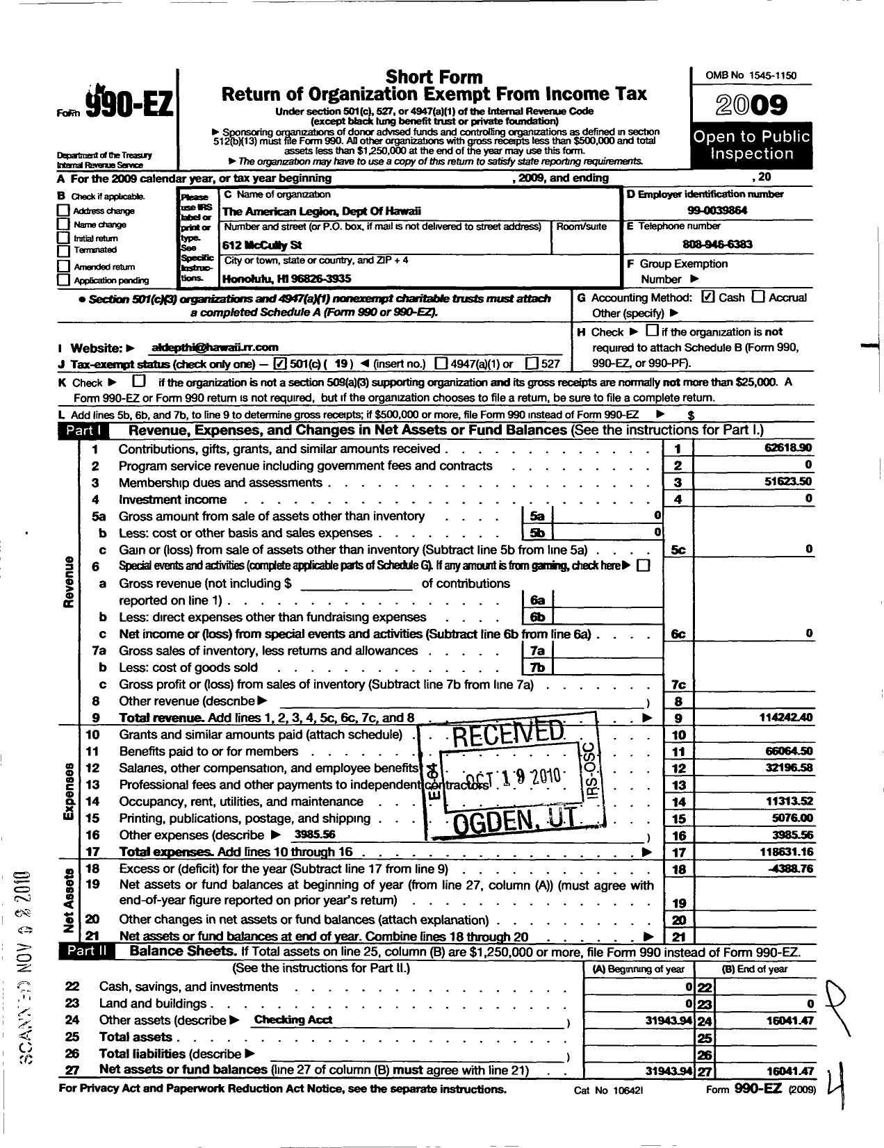 Image of first page of 2009 Form 990EO for American Legion / 14 Dept of Hawaii