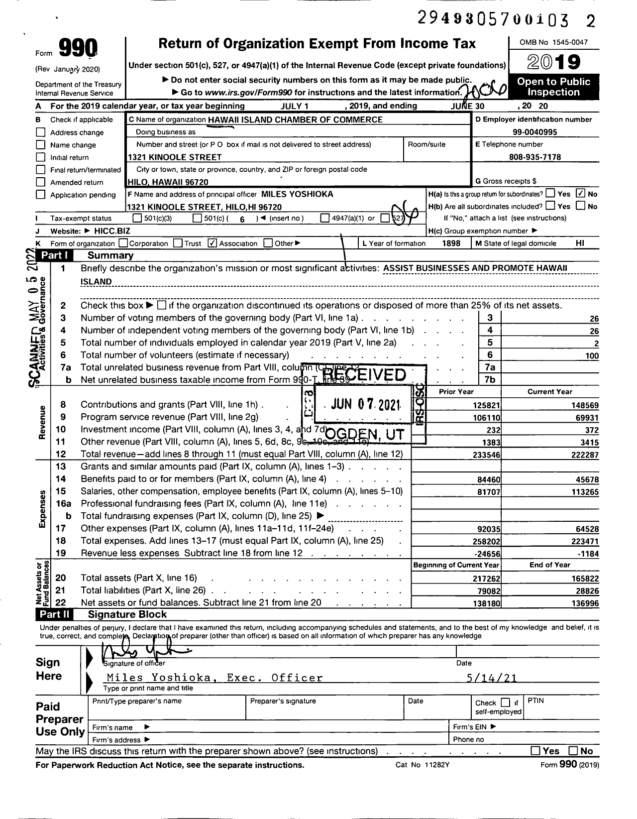 Image of first page of 2019 Form 990O for Hawaii Island Chamber of Commerce