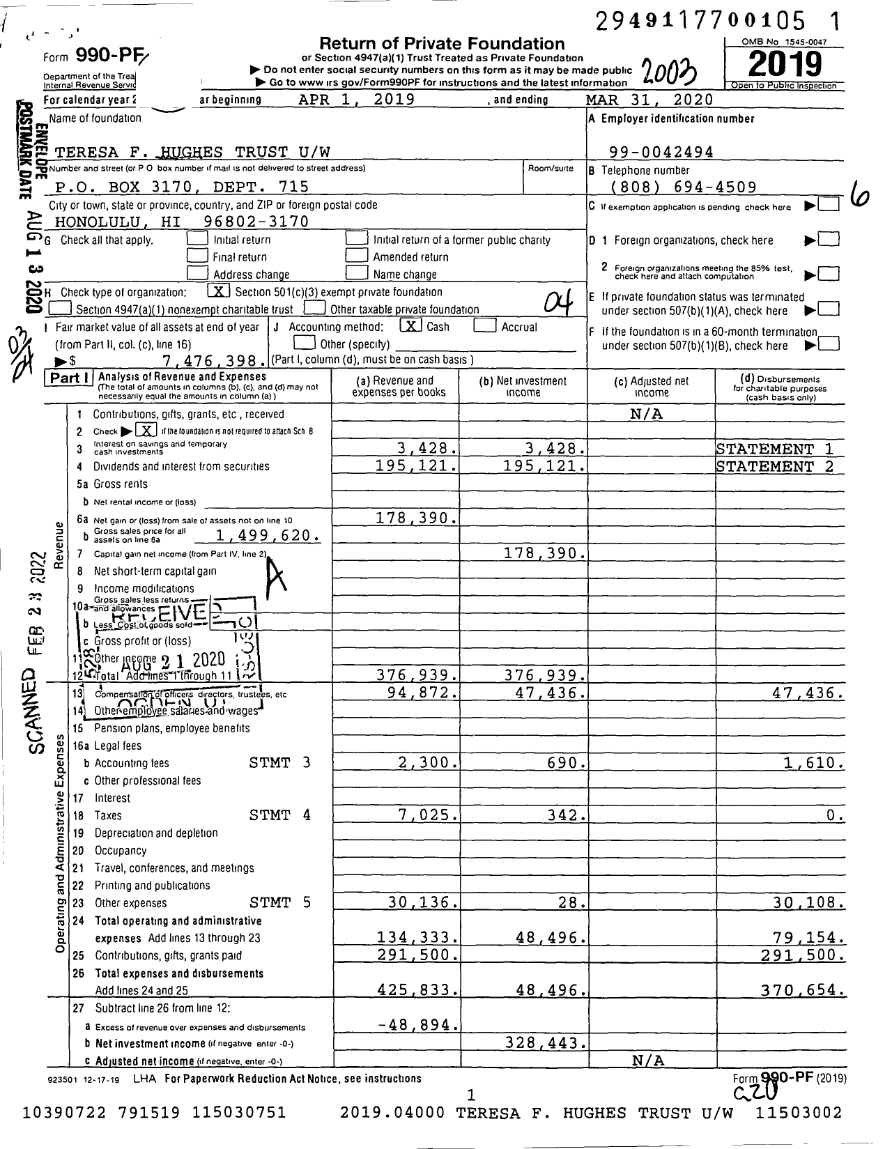 Image of first page of 2019 Form 990PF for Teresa Hughes Trust