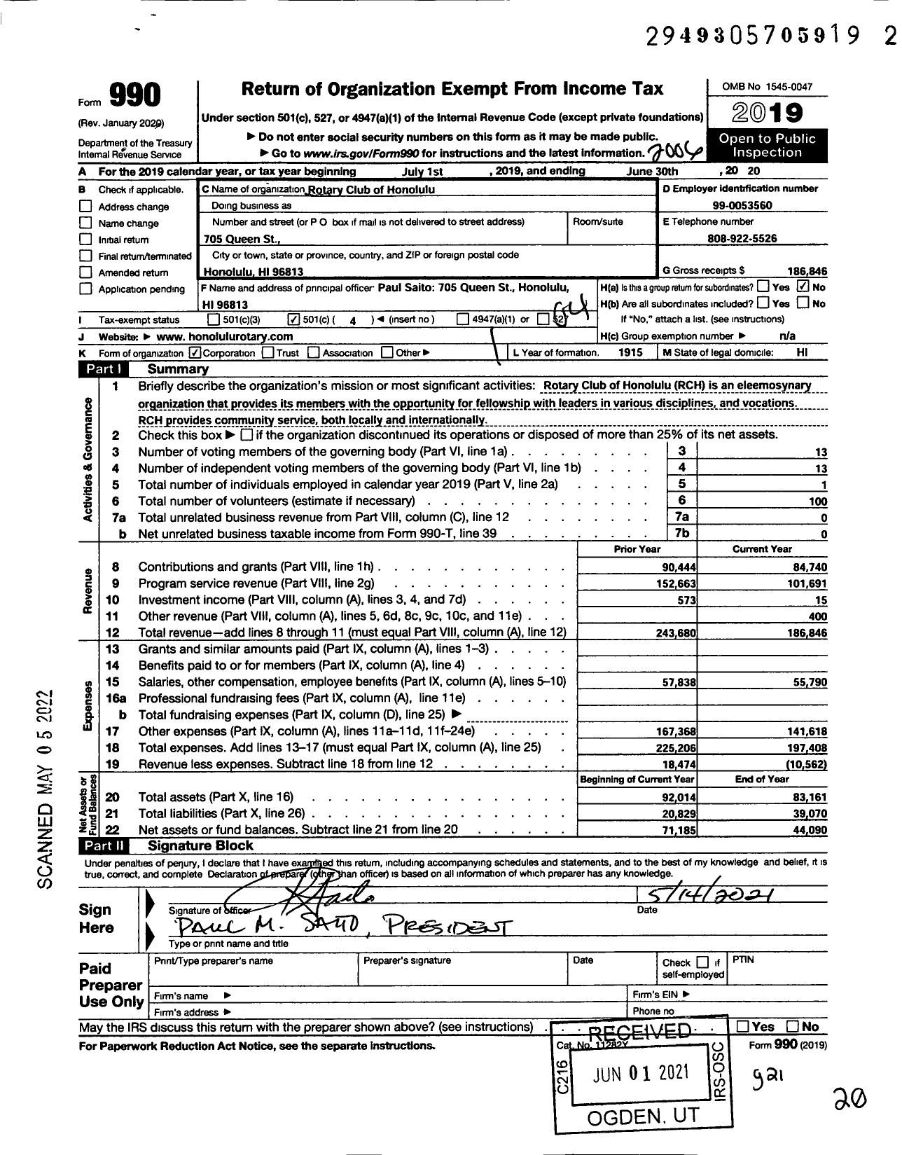 Image of first page of 2019 Form 990O for Rotary International - Honolulu Rotary Club