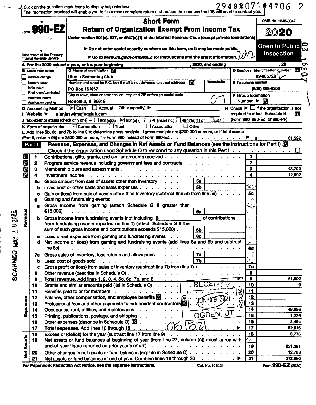 Image of first page of 2020 Form 990EO for Uluniu Swimming Club