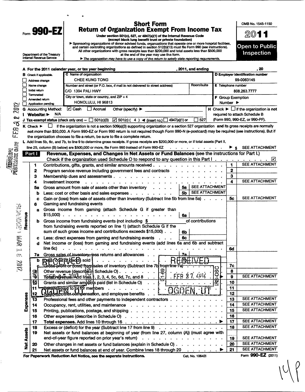 Image of first page of 2011 Form 990EO for Chee Kung Tong Society