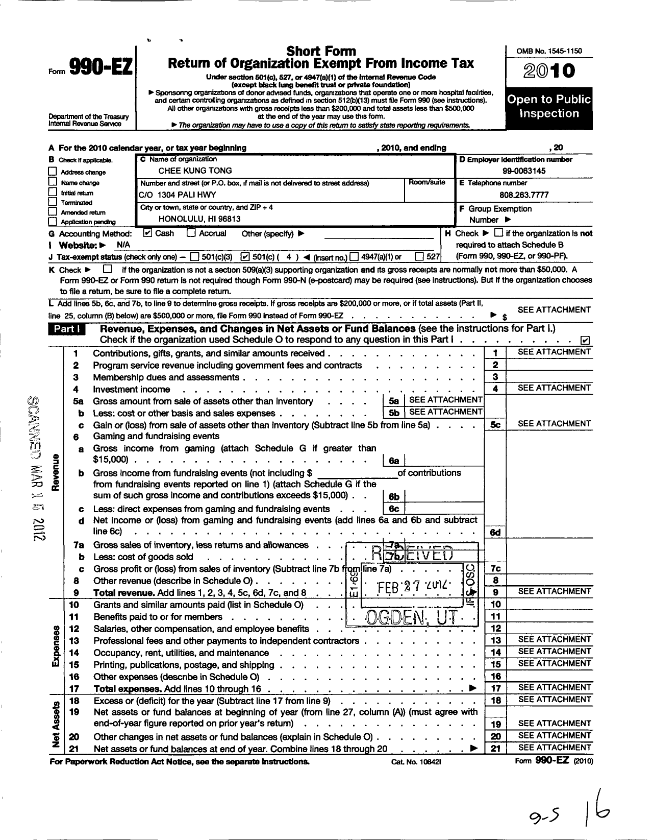 Image of first page of 2010 Form 990EO for Chee Kung Tong Society